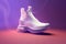 Futuristic fashion original sneakers. Future design of stylish sport shoes with neon glow, futuristic urban aesthetics. Sportswear