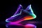 Futuristic fashion original sneakers for run. Future design of stylish sport shoes with neon glow, futuristic urban aesthetics.