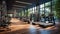 Futuristic Fitness Room With Eco-Friendly Architecture And Plants. Advanced Sport Equipment For Future Of Gym. Generative AI