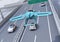 Futuristic flying car flying over the highway