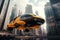 Futuristic flying taxi cab over cityscape. Generative AI