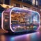 A futuristic food pod serving holographic projections of international street food dishes from around the world1