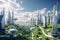 Futuristic friendly ecology mega city buildings and towers, green environment city center metropolis, forest and garden in midtown