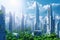 Futuristic friendly ecology mega city buildings and towers, green environment city center metropolis, forest and garden in midtown