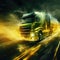 Futuristic fuel truck driving at high speed on a freeway on a colorful background
