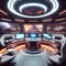 Futuristic Gaming Hub: 3D Rendering of Spaceship Interior with Control Room, TV Screens, and LED Displays