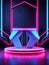 Futuristic geometric podium product display, stage pedestal or platform, adorned with neon lights. Generative Ai.