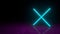 Futuristic glowing blue neon game cross symbol on purple dark background with blurred reflection. 3d render