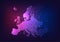 Futuristic glowing low polygonal Europe continent map on dark blue and purple background