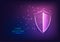 Futuristic glowing low polygonal guard shield symbol on dark blue to purple gradient background.