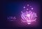 Futuristic glowing low polygonal waterlily, lotus flower with stars isolated on dark blue to purple gradient background.