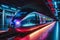futuristic glowing neon train on glossy reflective surface