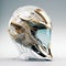 Futuristic Gold Motorcycle Helmet Displayed On Glass Stand