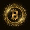Futuristic golden Bitcoin digital currency. Computer circuit board. Cryptocurrency mining. Sci-fi design blockchain logo for