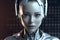 Futuristic graphic showcases a humanoid robot that appears to be a cyborg equipped with artificial intelligence.