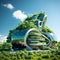 Futuristic green architecture. Sustainable glass office building with solar panels and vertical garden. Office building with green