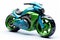 Futuristic green blue toy motorbike isolated on a white background. Concept of kids friendly toys, transport-themed