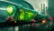 Futuristic green train with flower in cyberpunk city. Transport in future. Ai generated art illustration