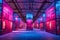 Futuristic hall, premises with glowing neon lights. Cyberpunk interior. Generative AI