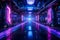 Futuristic hallway with neon lights and long corridor between two buildings. Generative AI