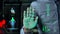 Futuristic health hand scanner identify user checking status show info closeup