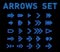 Futuristic Hologram HUD blue vector arrows set. English alphabet with hologram effect. Digital hi-tech style letters and