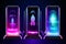 Futuristic holograms and podiums with mobile phones. smartphone hangs in the air futuristic portal, hologram, AI Generative