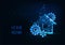 Futuristic home repair concept with glowing house icon and gears, cog wheels isolated on dark blue