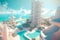 Futuristic hotel near the sea, relax and recreation concept, realistic 3D illustration, generative ai