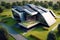 Futuristic house with solar panels on roof, modern home in green forest, generative AI