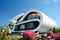 futuristic house surrounded by blooming garden and clear blue skies