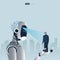 Futuristic humanoid business people with Artificial Intelligence technology concept. A big robot scanning another robot. Vector