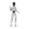 Futuristic humanoid robot flat vector illustration. Smiling cybernetic organism waving hand. Friendly artificial
