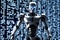 Futuristic humanoid robot with glowing eyes, against a streaming binary code. perfect for artificial intelligence concepts