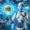 futuristic humanoid robot thinking a hamburger