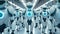 Futuristic humanoid robots lined up in an assembly hall.