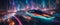 Futuristic hyperloop train glides through a neon-drenched cybercity skyline, AI-generated.