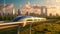 Futuristic Hyperloop Train with Integrated Solar Collectors and Wind Turbine in Modern City Background.