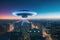 Futuristic image of UFO over night city, epic science fiction scene, alien ship and night lights