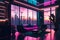 Futuristic Interior with dystopian cyberpunk megapolis view behind the window. Neon lights and future.