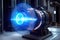 futuristic ion thruster engine emitting blue plasma