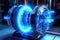 futuristic ion thruster engine emitting blue plasma