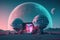 Futuristic isolated hotel with pink and blue neon on a planet with two moons. Generative AI