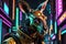 Futuristic kangaroo with cyberpunk armor and enhancements