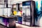 A futuristic kitchen interior, with modular and customizable design elements, in a bold and vibrant color scheme, with a