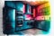 A futuristic kitchen interior, with modular and customizable design elements, in a bold and vibrant color scheme, with a