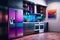 A futuristic kitchen interior, with modular and customizable design elements, in a bold and vibrant color scheme, with a