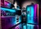 A futuristic kitchen interior, with modular and customizable design elements, in a bold and vibrant color scheme, with a