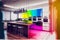 A futuristic kitchen interior, with modular and customizable design elements, in a bold and vibrant color scheme, with a dynamic