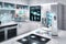 Futuristic kitchen with smart refrigerator displaying digital interface and voice assistant device